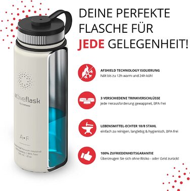 Термобутилка з нержавіючої сталі ACTIVE FLASK 530 мл з соломинкою, 3 кришки, BPA-free, герметична, підходить для газованої води, кремово-біла, для води, спорту, велосипеда, чаю, для дітей