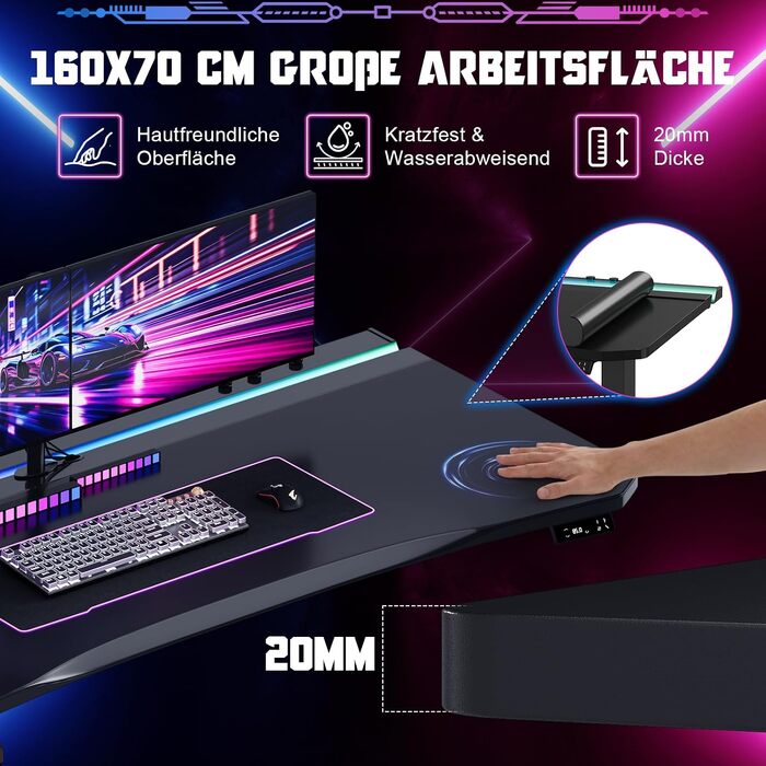 Регульований по висоті письмовий стіл Devoko 160x70 см, ігровий стіл для комп'ютера з двома моторами, LED-підсвіткою та кабелеменеджментом, чорний