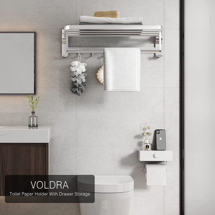 Тримач для туалетного паперу Voldra з контейнером для вологих серветок, настінний без свердління, з поличкою, білий, для ванної та туалету
