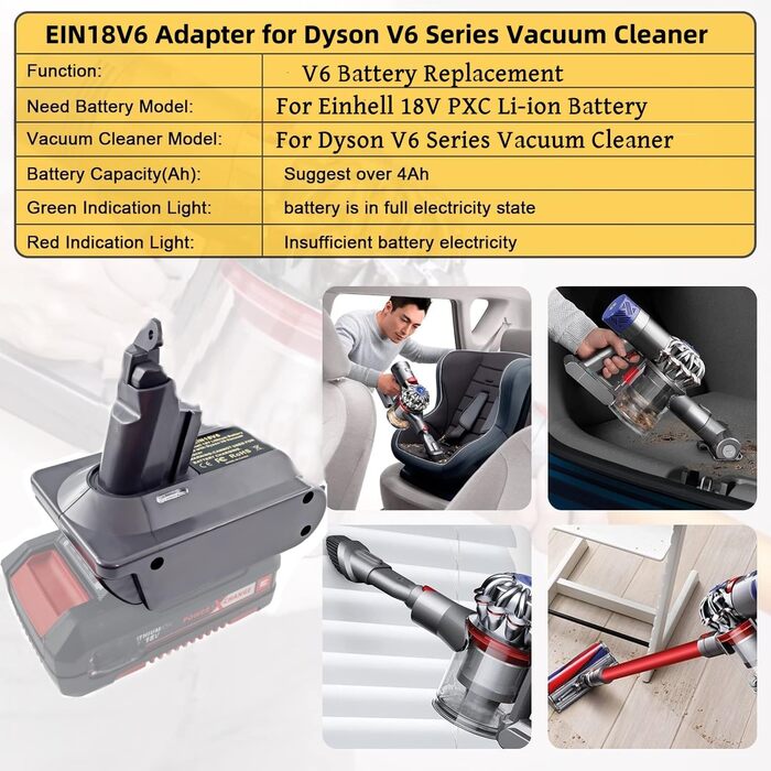 Адаптер EIN18V6 для пилососа Dyson V6, перехідник для акумулятора Einhell PXC 18V (без батареї), сумісний з моделями 4511396, 4511437, 4511437OVP