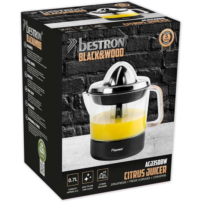 Цитрусовий прес електричний Bestron Black & Wood 0.7 л для апельсинів та лимонів, 2 конуси, чорно-дерев'яний