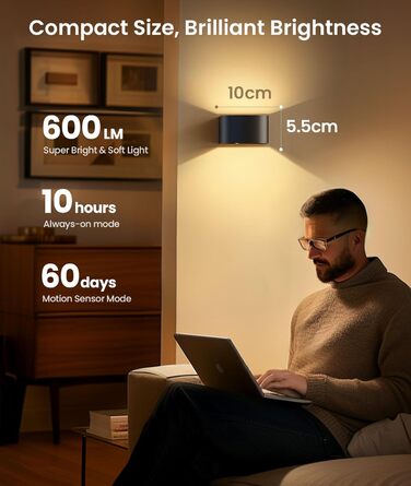 Настінна LED лампа FULEN для інтер'єру з датчиком руху, акумуляторна, з пультом, 3 режими світла, регулювання яскравості, чорна, 2 шт.