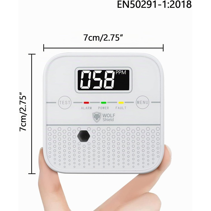 Детектор чадного газу WOLF SHIELD Mini-CO з LCD-дисплеєм та батареєю на 10 років, портативний датчик CO для дому, білий