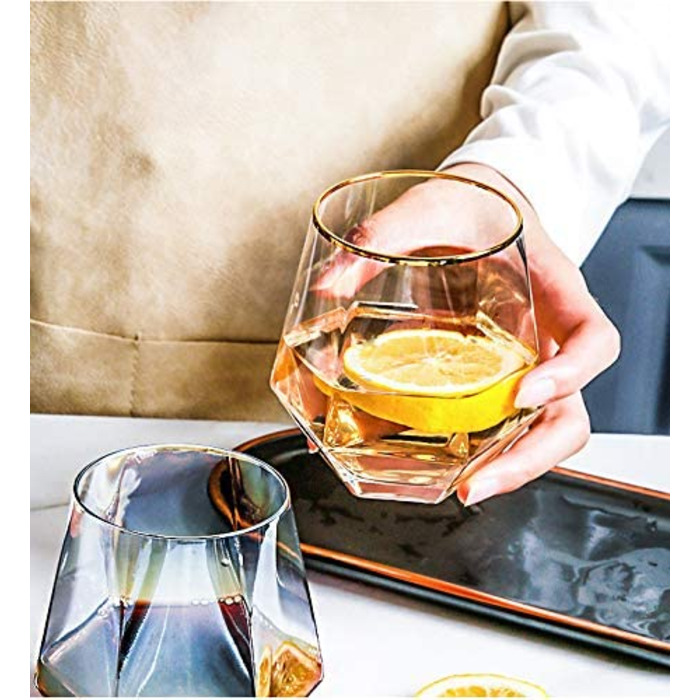 Набір склянок Diamond Whisky Glasses, 4 шт, 300 мл, скло з золотим обідком для віскі, бурбону, рому, бару, подарунок для чоловіків і жінок