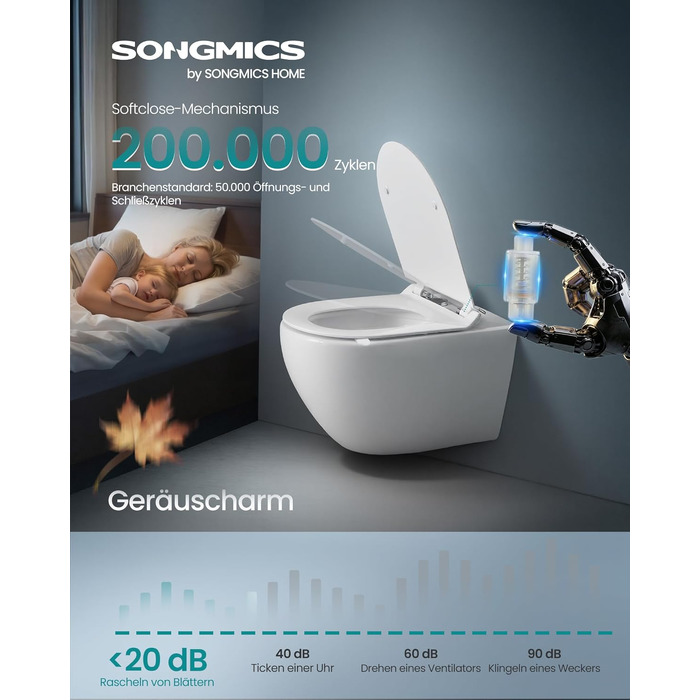 Кришка для унітаза SONGMICS з мікроліфтом (D-подібна, коротка), матеріал Urea-Duroplast, біла, витримує до 300 кг, зі швидким монтажем та ручкою