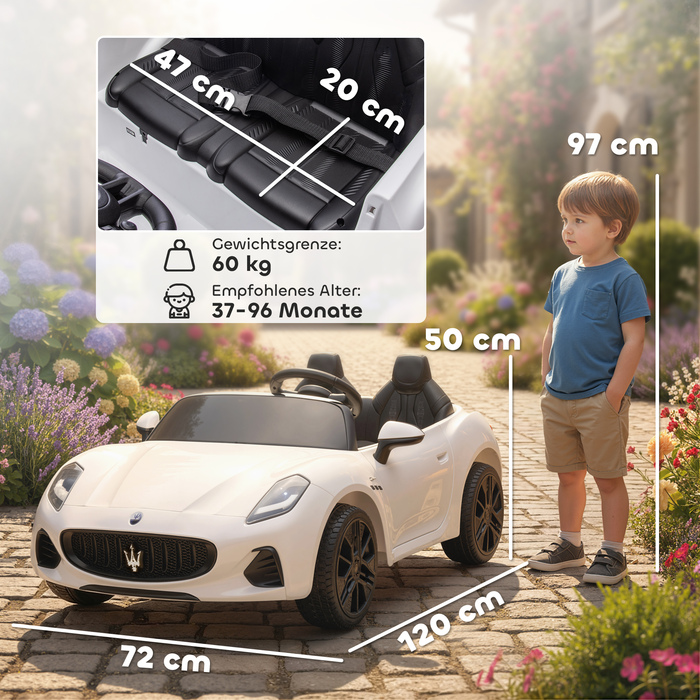 Дитячий електромобіль Maserati, 2 місця, акумулятор 12V, пульт дистанційного керування, світлодіодні вогні, музична панель, білий