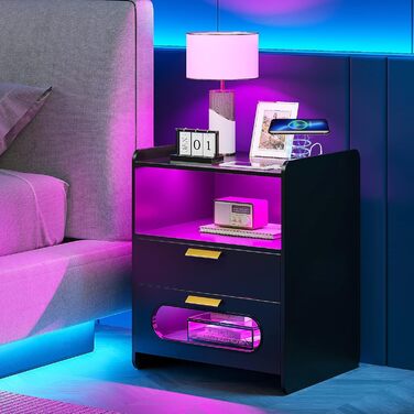 Розумна тумба Lvifur з LED-підсвіткою RGB, 2 шухляди, сенсор, бездротова та USB зарядка, чорний глянець
