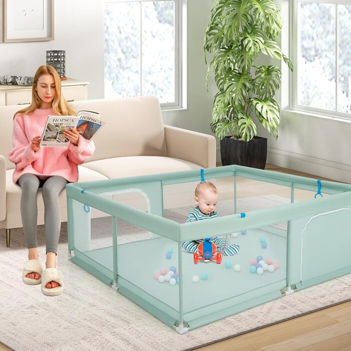 Дитячий манеж DREAMADE 200x180 см з 50 м'ячиками та 4 ручками, складаний, з дихаючим мережем, для дітей 0-36 місяців (зелений)