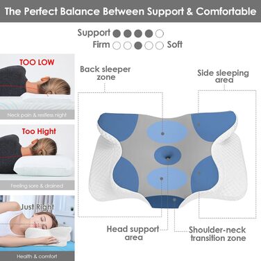 Ергономічна ортопедична подушка для шиї з ефектом пам'яті (Memory Foam), регульована по висоті, для сну на боці, спині та животі, 63x42 см, світло-сіра
