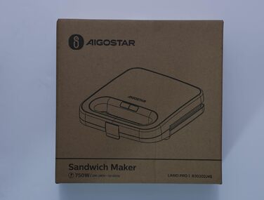 Сендвічниця Aigostar на 2 сендвічі, антипригарне керамічне покриття, автоматичне регулювання температури 180-200°C, індикатори, холодна ручка, 750 Вт, нержавіюча сталь/чорний