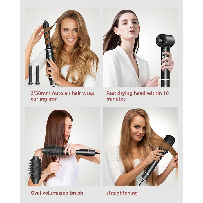 Air Styler 5 в 1 з іонізацією: Фен-щітка, випрямляч, авто-завивка 110 000 RPM, швидке сушіння, чорний