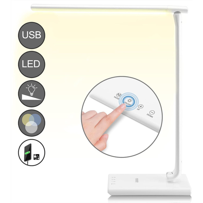 Світлодіодна настільна лампа Monzana з USB, 3 кольори, 5 рівнів яскравості, сенсорне керування, димування, функція зарядки, для офісу та спальні, тепле світло, біла