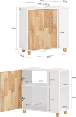 Тумба під раковину SoBuy BZR75-W, біло-натуральна, 60x60x29 см, шафа для ванної, меблі для ванної кімнати