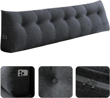 Подушка трикутна для спини OHMG 200x50x20 см темно-сіра з кишенею, для ліжка та дивана, знімний чохол