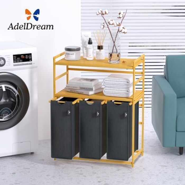 Кошик для білизни AdelDream 150 л, 3 секції, 2 полиці, висувний та знімний мішок, роздільник для білизни з бамбуковим каркасом, сірий