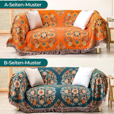 HOORDRY плед з бавовни двосторонній Boho, покривало з китицями 230×250 см, м'яка тепла ковдра для дивану, ліжка чи крісла, зелено-оранжева