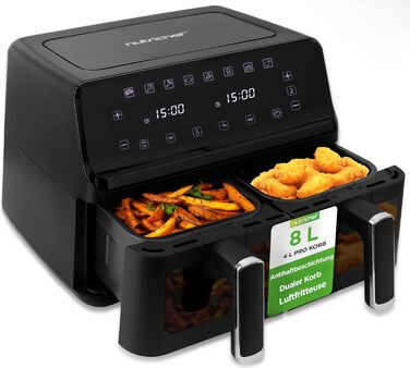 Фритюрниця NutriChef 8.3L з 2 відсіками, з подвійним нагріванням, з оглядовим вікном, 9 програм, до 360°C, антипригарне покриття, для смаження без олії, компактна та безпечна