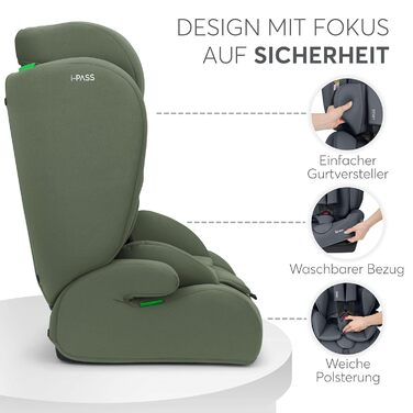 Автокрісло KikkaBoo i-PASS 9-36 кг, i-Size, Армійський зелений, для дітей 1-12 років (76-150 см), з регульованим підголівником
