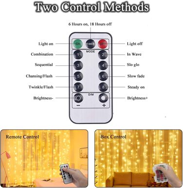 LED світловий завіса 3x3 м 300 LED, тепле біле світло, водонепроникна, USB/батарея, 8 режимів, таймер, пульт, для декору спальні та вечірок