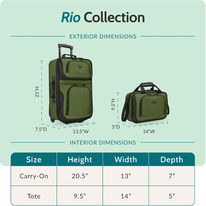 Набір розширюваної ручної поклажі Rio Rugged Fabric на 2 колесах, зелений