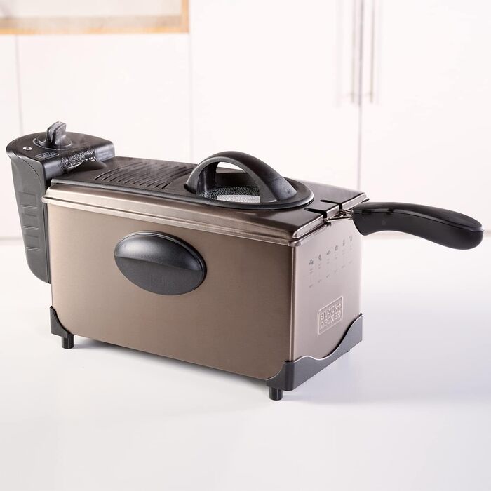 Електрична фритюрниця BLACK+DECKER BXDF2100E, 2100 Вт, 3 л, знімна чаша, нержавіюча сталь, сіра, регулювання температури, легке очищення, підходить для посудомийки