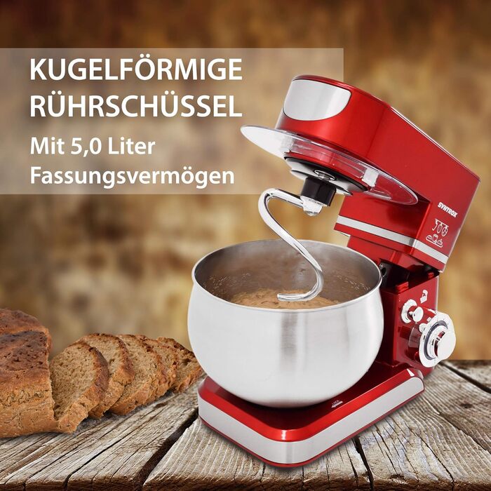 Кухонна машина Syntrox Germany KM-5.0L Basic Red, 5 л, з нержавіючої сталі, червона, тістоміс