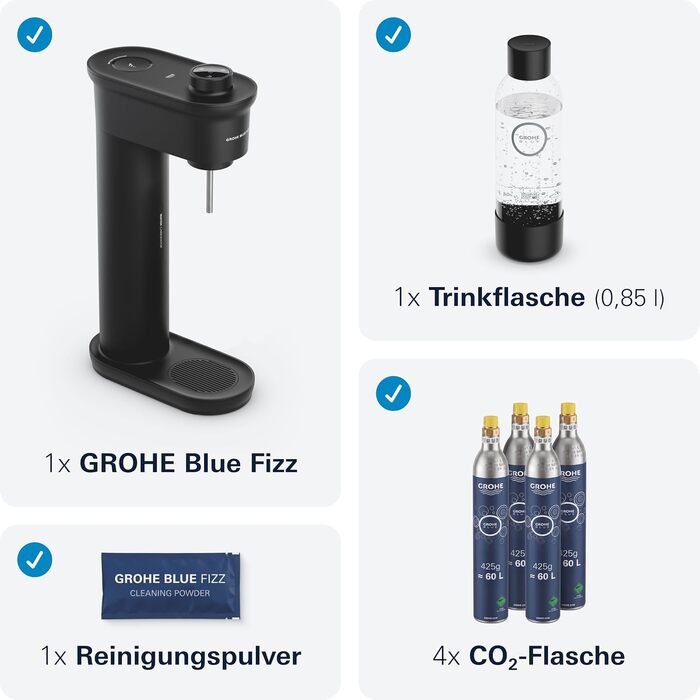 Сифон для газування води GROHE Blue Fizz Starter Set, чорний (3 рівні газування, пляшка 0.85л, порошок для очищення), 31943K00