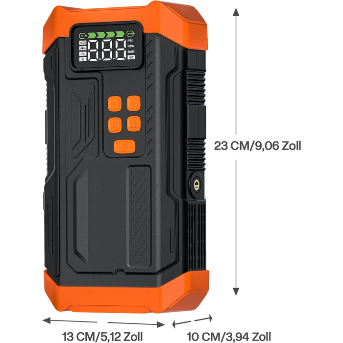 Пусковий пристрій (бустер) Povasee Starthilfe Powerbank 5000A для автомобіля (бензин/дизель до 10л), 12V з LCD-дисплеєм, USB-портами та LED-ліхтарем, помаранчевий