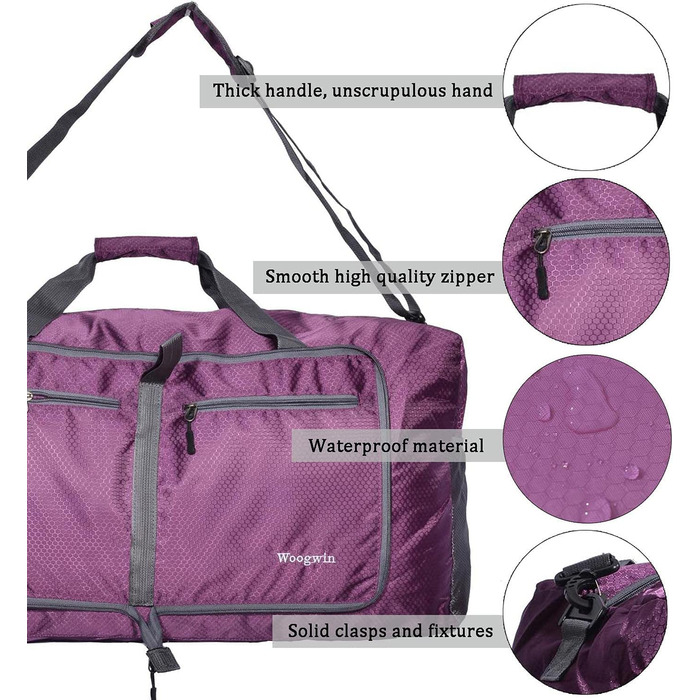 Велика спортивна сумка ehsbuy 60L, складана, з відділенням для взуття, водонепроникна, для чоловіків і жінок, для подорожей, спорту, сауни, гімнастики, відпочинку, фіолетова