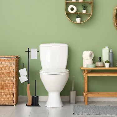 WC набір Relaxdays, сталевий, підлоговий тримач для туалетного паперу, йоржик з підставкою, 87x26x20 см, чорний/натуральний