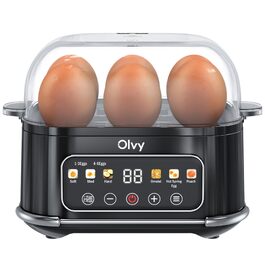 Електричний відварювач яєць Olvy з LCD-таймером на 6 яєць, чорний — пароварка для сніданків, що миється в посудомийній машині
