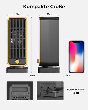 Електричний обігрівач 2000W з терморегулятором, тихий, 3 режими, PTC кераміка, швидкий нагрів, ECO режим, пульт, таймер 12H, поворот 70°, для офісу, спальні, ванної кімнати (чорний)