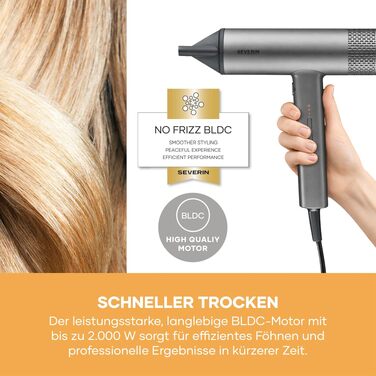 Фен для волосся Severin S-Style Speed Pro HT 0171 з іонізацією, BLDC-мотором, дифузором та концентратором, 2000 Вт, антрацит