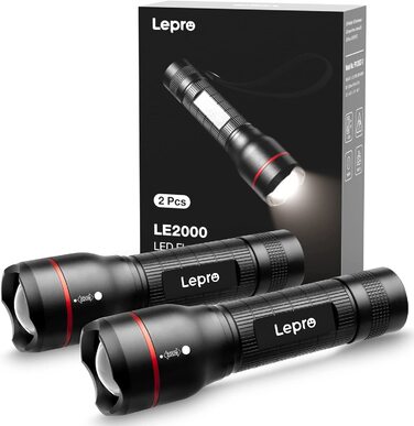 Lepro LED ліхтарик LE2000, надяскравий, 5 режимів, зум, водонепроникний, для кемпінгу, туризму, риболовлі, подарунок (2 шт.)