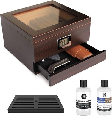 Ручний хьюмідор Case Elegance з кедра з цифровим гігрометром, зволожувачем та шухлядою для аксесуарів, на 25-50 сигар, коричневий