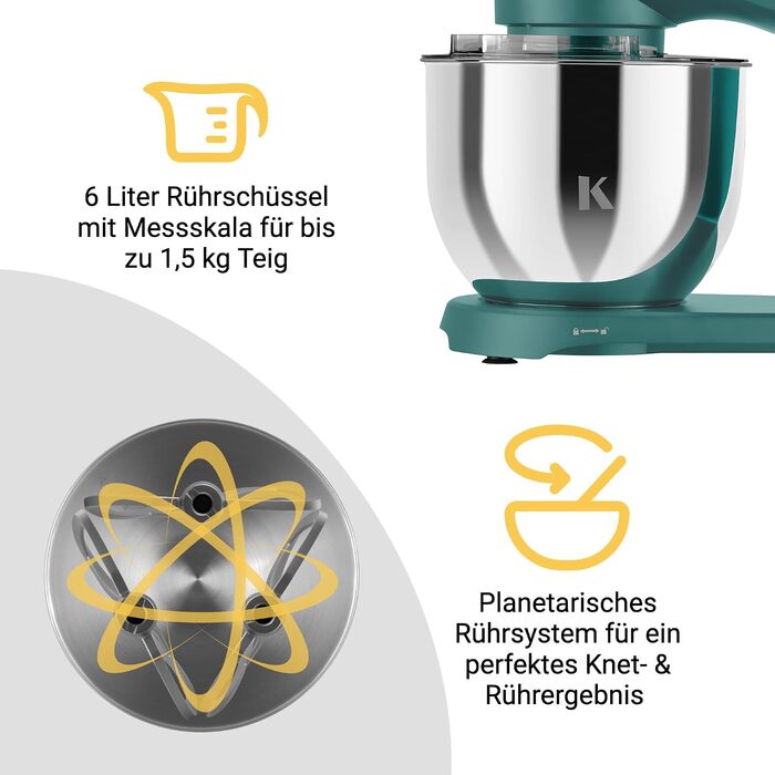 Кухонний комбайн KLAMER 1800W — Планетарний міксер для тіста з чашею 6л, 10 швидкостями та таймером, набір насадок (гак, вінчик, міксер), колір бірюзовий