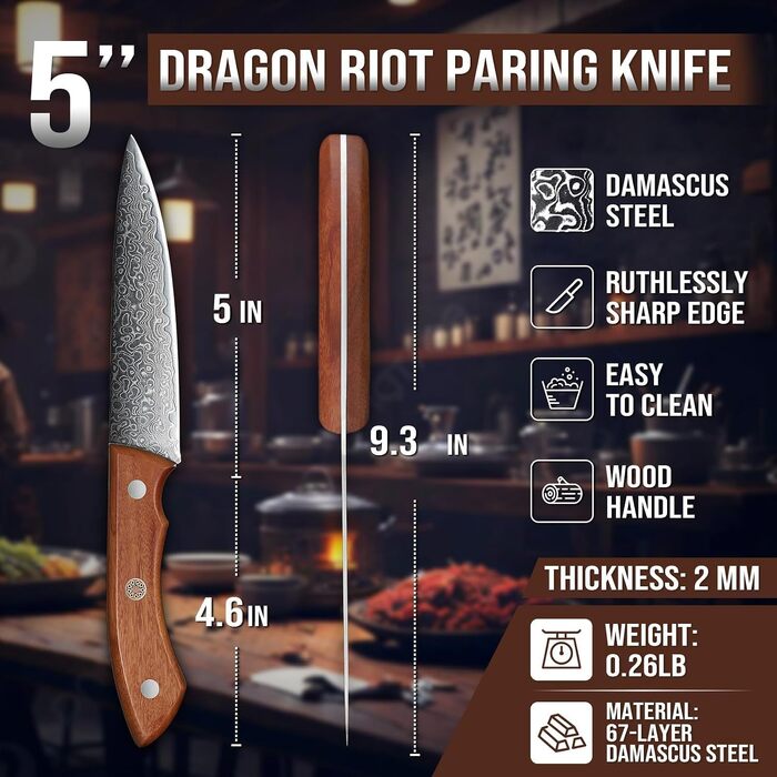 Кухонний ніж для м'яса DRAGON RIOT з дамаської сталі, японський надгострий ніж (12 см)
