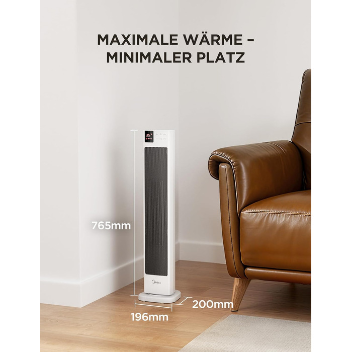 Керамічний обігрівач Midea NTH20-22GR(WH) 2000 Вт з дистанційним керуванням, термостатом та ECO-режимом, білий