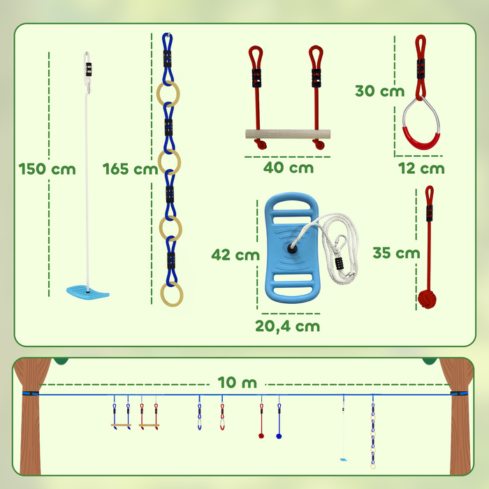 Набір для Slackline Ninja Line Kinder 10м, 9-елементний, з 2 кільцями для гімнастики та 3-в-1 гойдалкою, 2 турніками для дітей 3-8 років, багатокольоровий