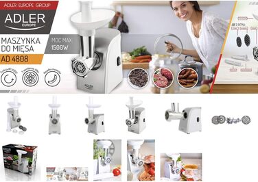 М'ясорубка Adler AD 4808, 350 Вт, 1500Вт макс, нержавіюча сталь 18/8, сіра