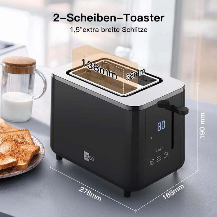 Тостер aeco toastlab Elite 2-слотовий з підставкою для булочок, 6 рівнів підсмажування, 10 програм, 850 Вт, LCD-дисплей, функція підйому, розморожування, піддон для крихт (LED-Touch)