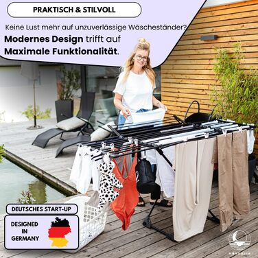 Телескопічна сушарка для білизни MONDHEIM Obsidian XXL, 26м довжини розсушування, розкладна знімною поперечиною, чорна, для балкона та тераси
