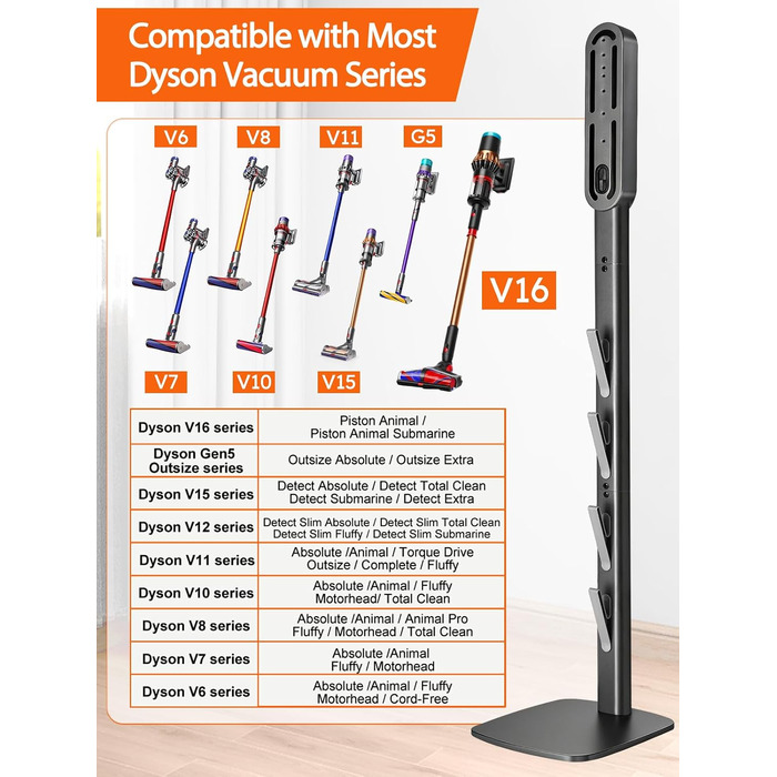 Підставка для пилососа Dyson Gen5, V16, V15, V12, V11, V10, V8, V7, V6 — металева стійка без свердління, 4 гачки для аксесуарів, темно-сіра