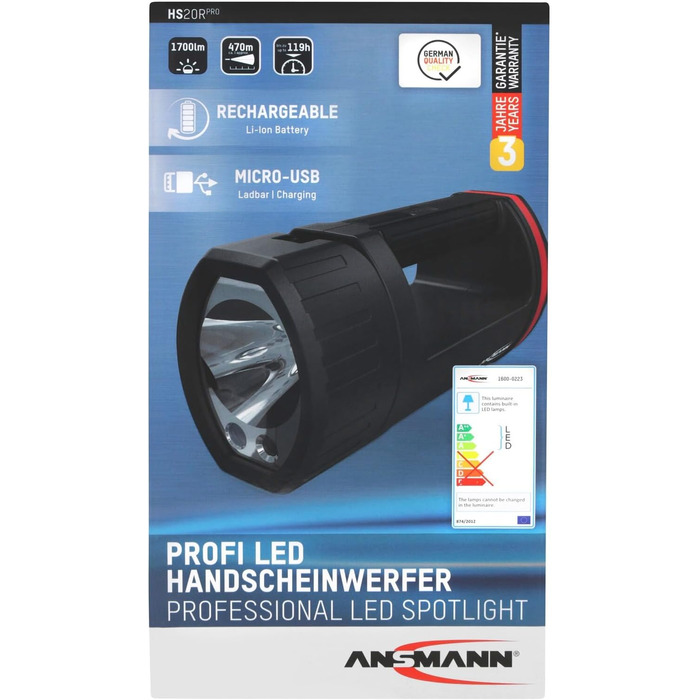 ANSMANN LED акумуляторний ручний прожектор 10400mAh, аварійне освітлення при відключенні електроенергії, до 100 годин роботи, зарядка через Micro USB або док-станцію