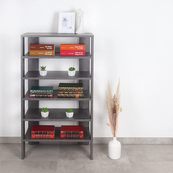 RICOO Вузька та висока полиця для взуття 105x55x32 см, 6 рівнів, пресована деревина, бетонний сірий, відкритий взуттєвий стелаж для коридору