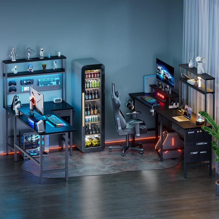 Ігровий стіл L-подібний 170x100 см з LED, 3 розетки, 2 USB, стіл для геймінгу та офісу, чорний