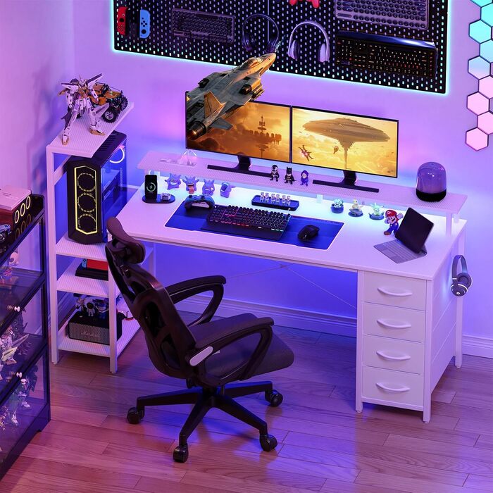 Ігровий стіл YOUDENOVA 150x50 см з LED-підсвіткою, розеткою та шухлядами, стільниця з карбону, білий