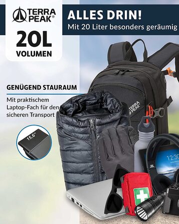 Туристичний рюкзак Terra Peak Flex 20L, чорний, з вентиляцією спини, питною системою та дощовиком, поліестер 3D Air Mesh, для походів та міста