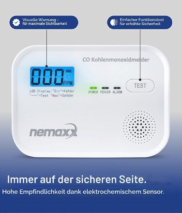 Детектор чадного газу NEMAXX® CM18 з LCD-дисплеєм, електрохімічний сенсор, 85 дБ, стандарт EN 50291-1:2018, термін служби 10 років (набір 2 шт.)