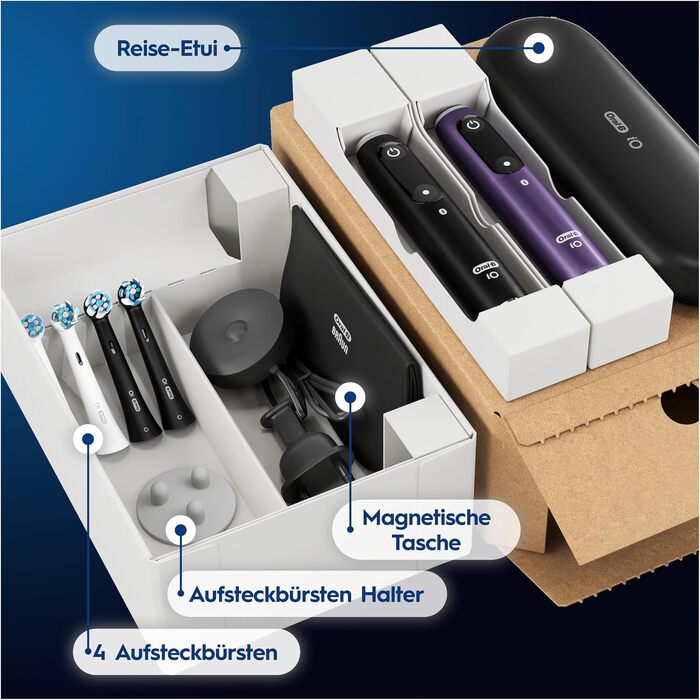 Електрична зубна щітка Oral-B iO Series 8 Plus Edition (набір 2 шт), 6 режимів чищення, 4 смінні насадки, дорожній кейс, чорний/фіолетовий